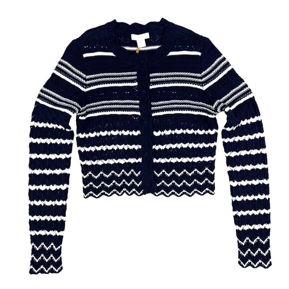 House Of Harlow 1960 Navy & White Cropped Knit Cardigan Sweater Button Front L - Picture 3 of 16